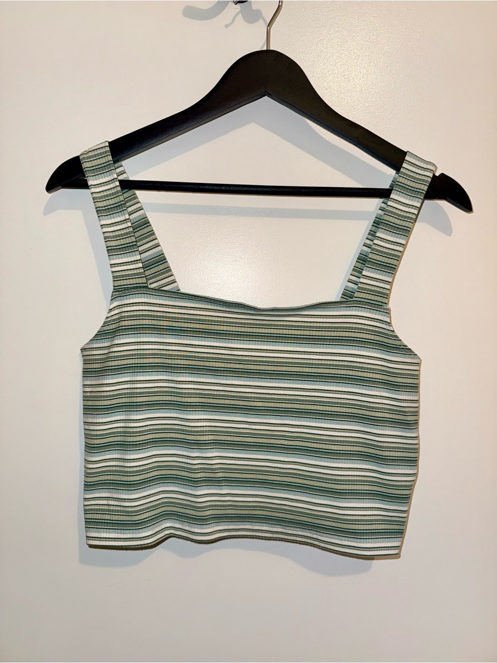 American Eagle Green and White Striped Cropped Tank Top